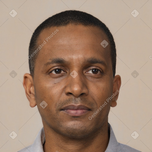 Neutral black young-adult male with short  black hair and brown eyes