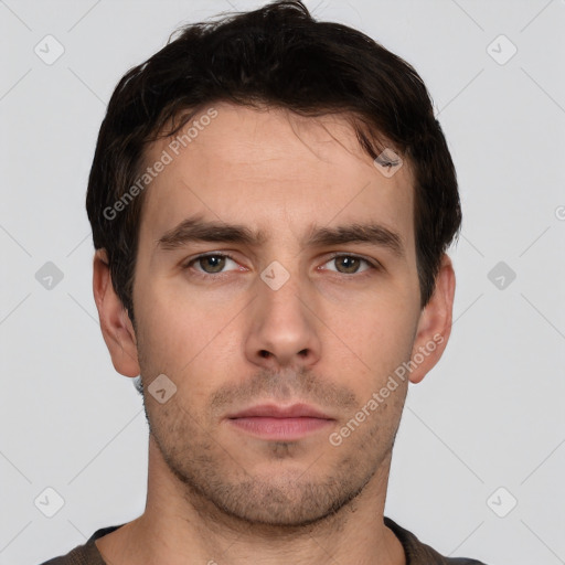 Neutral white young-adult male with short  brown hair and brown eyes