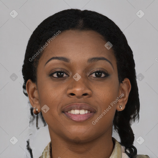 Joyful black young-adult female with medium  brown hair and brown eyes
