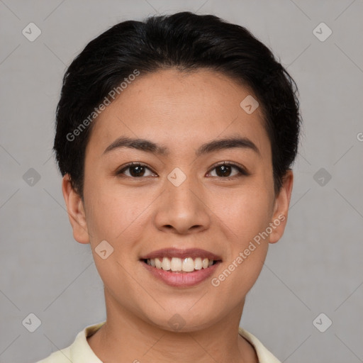 Joyful asian young-adult female with short  brown hair and brown eyes