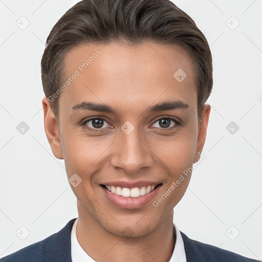 Joyful white young-adult female with short  brown hair and brown eyes