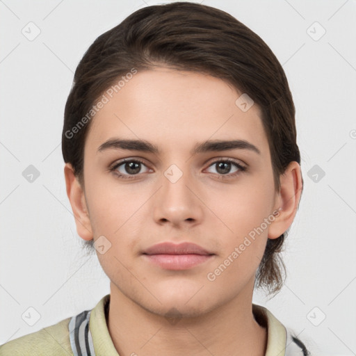 Neutral white young-adult female with medium  brown hair and brown eyes