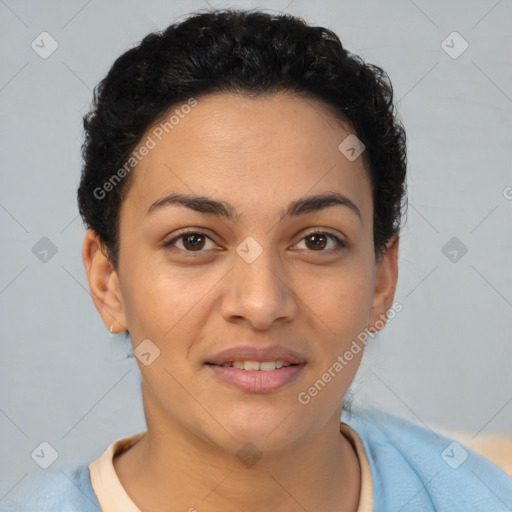 Joyful latino young-adult female with short  brown hair and brown eyes