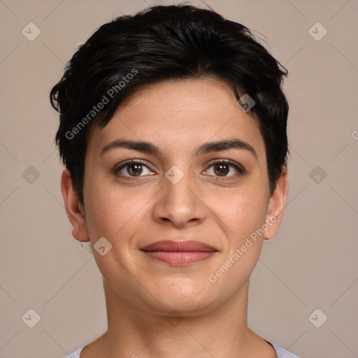 Joyful white young-adult female with short  brown hair and brown eyes