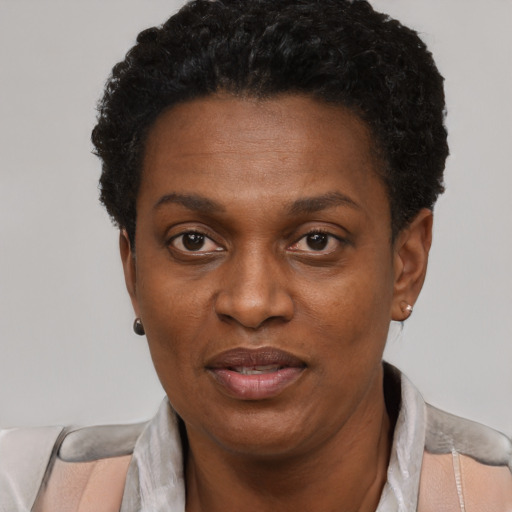 Joyful black adult female with short  black hair and brown eyes