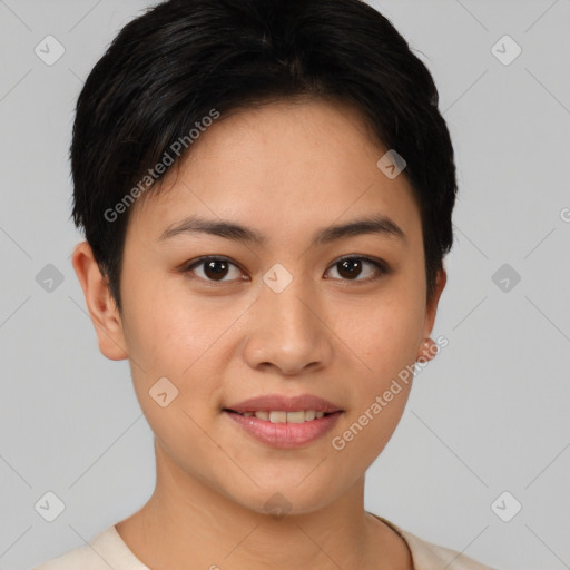 Joyful asian young-adult female with short  brown hair and brown eyes