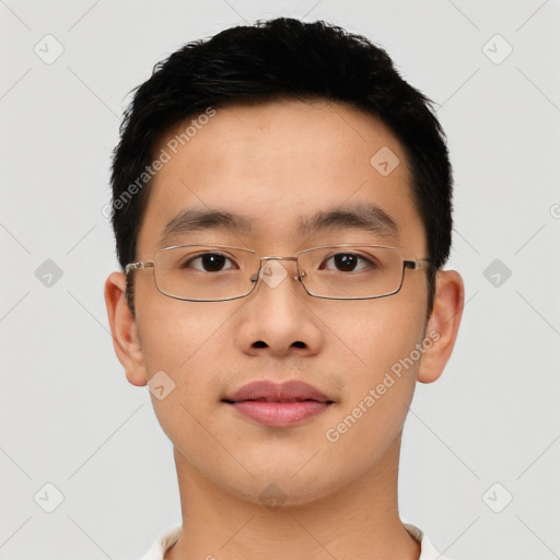 Neutral asian young-adult male with short  black hair and brown eyes