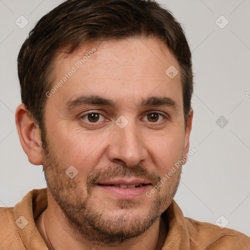 Joyful white adult male with short  brown hair and brown eyes