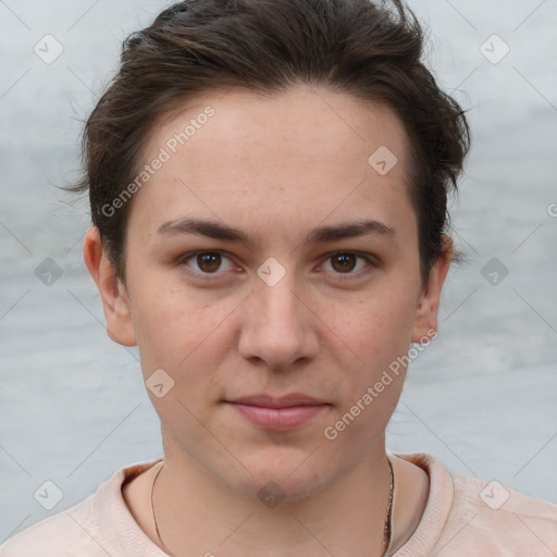 Neutral white young-adult female with short  brown hair and brown eyes