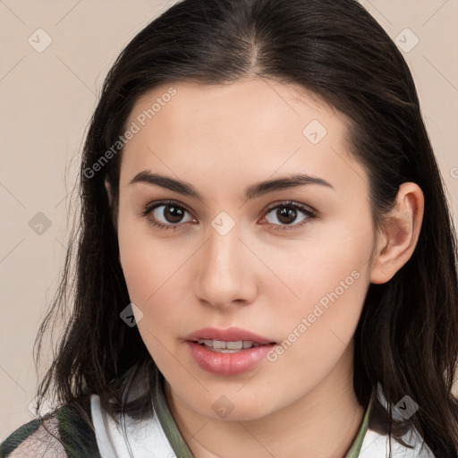 Neutral white young-adult female with medium  brown hair and brown eyes