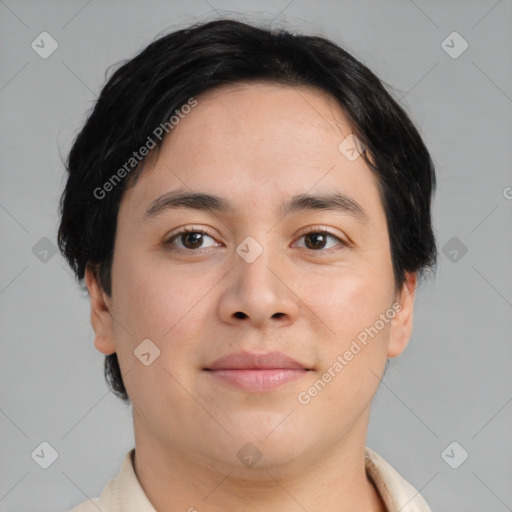 Joyful asian young-adult male with short  brown hair and brown eyes