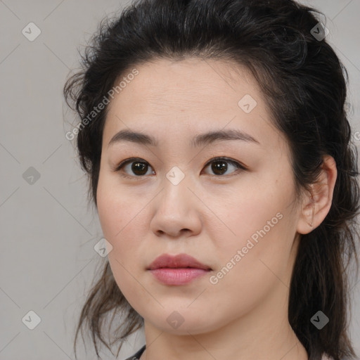 Neutral white young-adult female with medium  brown hair and brown eyes