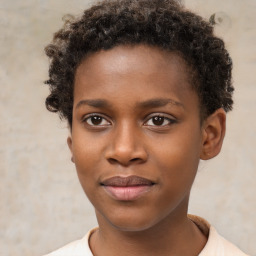 Joyful black young-adult male with short  brown hair and brown eyes