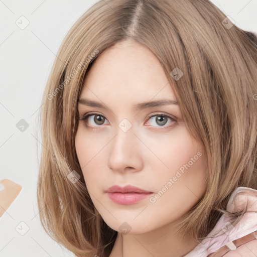 Neutral white young-adult female with medium  brown hair and grey eyes