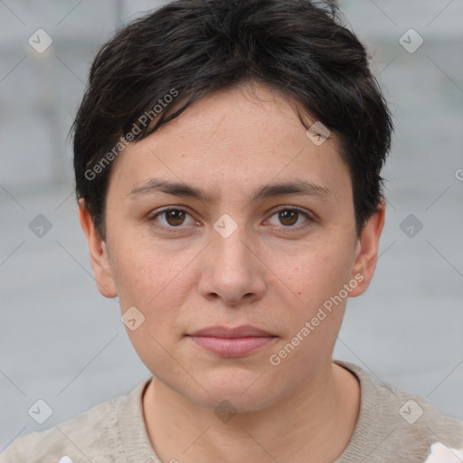 Joyful white young-adult female with short  brown hair and brown eyes