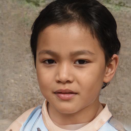 Joyful asian child female with short  brown hair and brown eyes