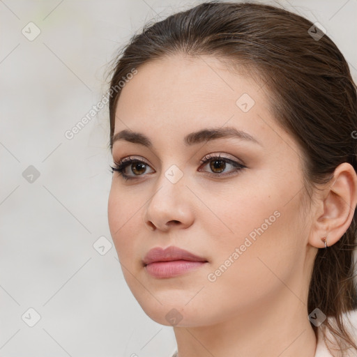 Neutral white young-adult female with medium  brown hair and brown eyes