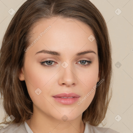 Neutral white young-adult female with medium  brown hair and brown eyes