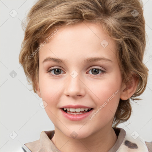 Joyful white child female with medium  brown hair and grey eyes