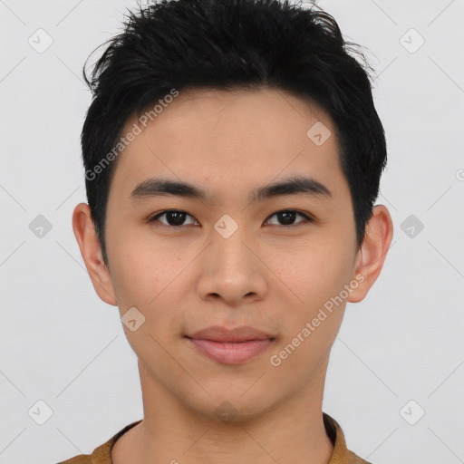 Neutral asian young-adult male with short  black hair and brown eyes