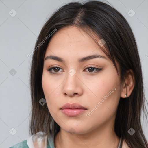 Neutral white young-adult female with medium  brown hair and brown eyes