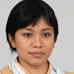 Neutral asian young-adult female with medium  black hair and brown eyes