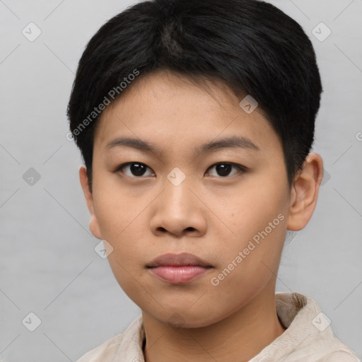 Neutral asian young-adult female with short  black hair and brown eyes