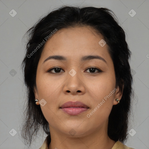 Joyful asian young-adult female with medium  brown hair and brown eyes