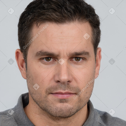 Neutral white adult male with short  brown hair and brown eyes