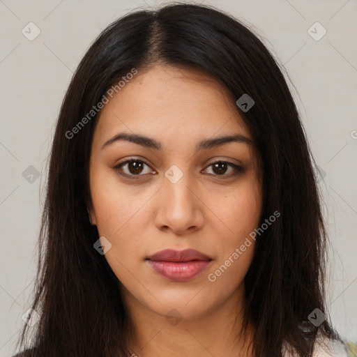 Neutral latino young-adult female with long  brown hair and brown eyes