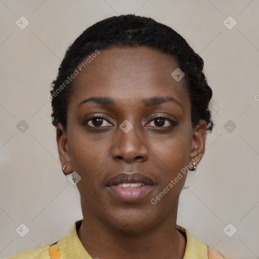 Neutral black young-adult female with short  black hair and brown eyes