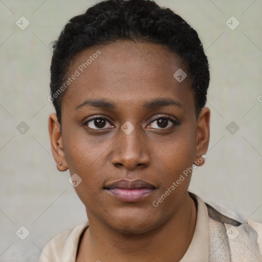 Neutral black young-adult female with short  brown hair and brown eyes