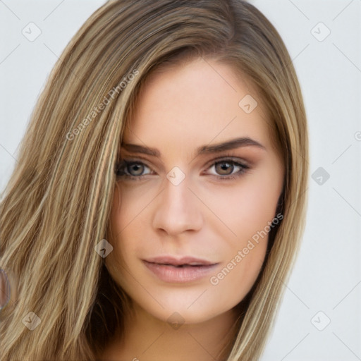 Neutral white young-adult female with long  brown hair and brown eyes