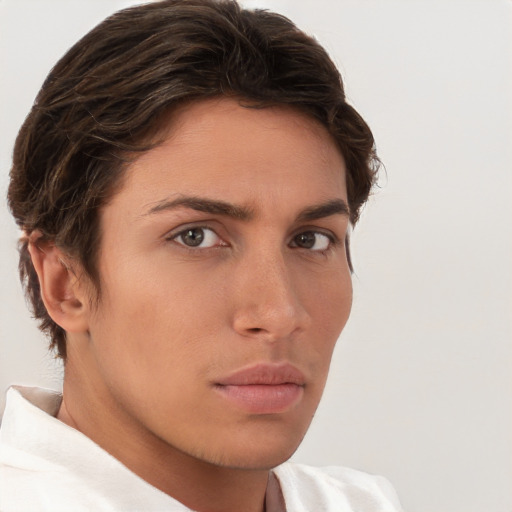Neutral white young-adult female with short  brown hair and brown eyes
