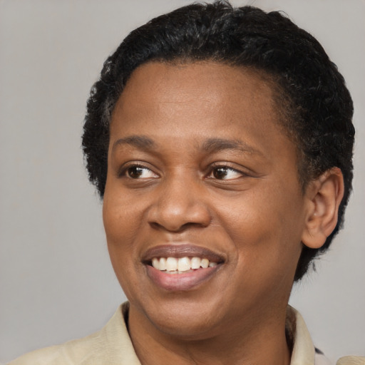 Joyful black adult female with short  black hair and brown eyes
