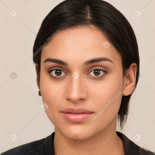 Neutral white young-adult female with medium  brown hair and brown eyes