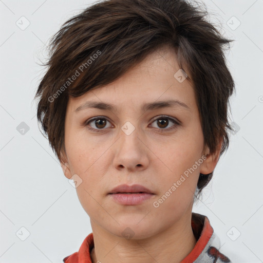 Neutral white young-adult female with medium  brown hair and brown eyes