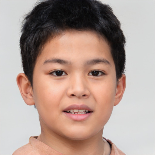 Joyful asian child male with short  brown hair and brown eyes