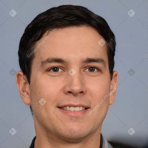 Joyful white young-adult male with short  brown hair and brown eyes