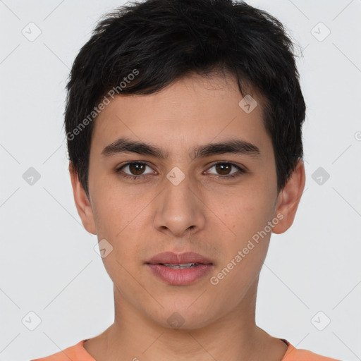 Neutral white young-adult male with short  brown hair and brown eyes