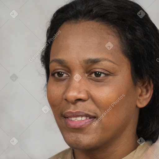 Joyful black young-adult female with medium  brown hair and brown eyes