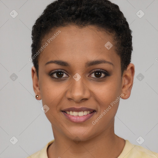 Joyful latino young-adult female with short  brown hair and brown eyes