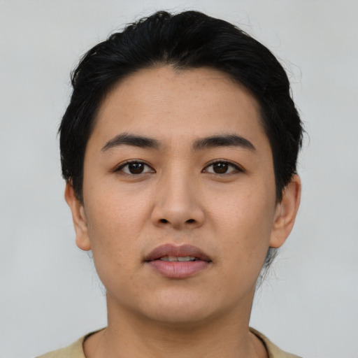 Neutral asian young-adult male with short  black hair and brown eyes