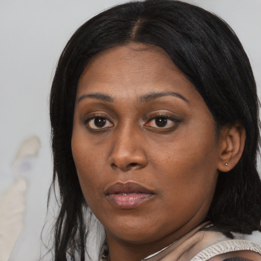 Neutral black young-adult female with medium  black hair and brown eyes