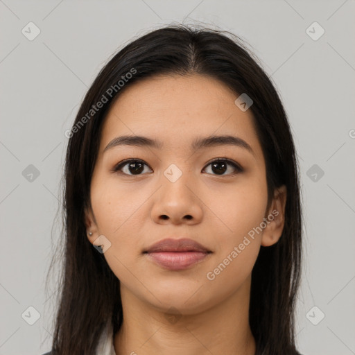 Neutral asian young-adult female with long  brown hair and brown eyes