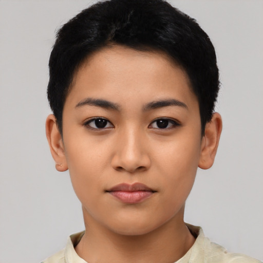 Neutral asian young-adult female with short  black hair and brown eyes