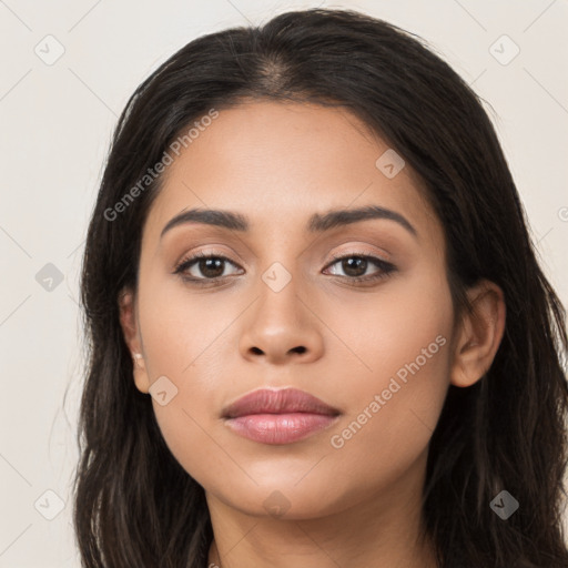 Neutral latino young-adult female with long  black hair and brown eyes