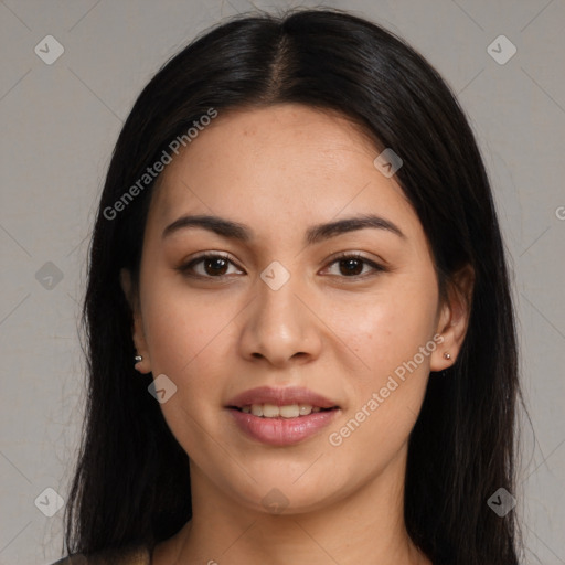 Joyful latino young-adult female with long  brown hair and brown eyes