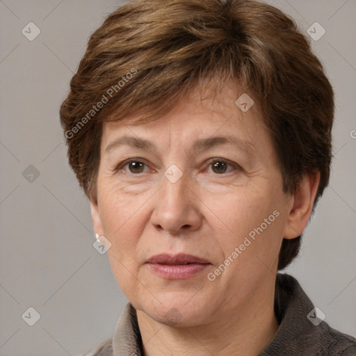 Joyful white adult female with short  brown hair and brown eyes