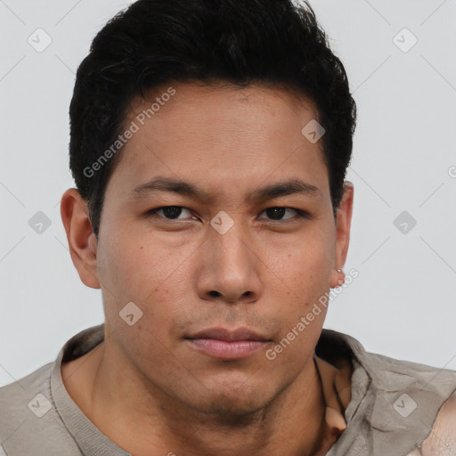 Neutral latino young-adult male with short  brown hair and brown eyes